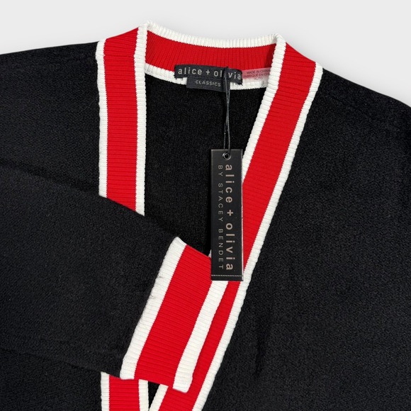 Alice + Olivia Women's Juana Tipped Stripe Crop‎ Cardigan Black/ Red Size XL NEW - Picture 2 of 14